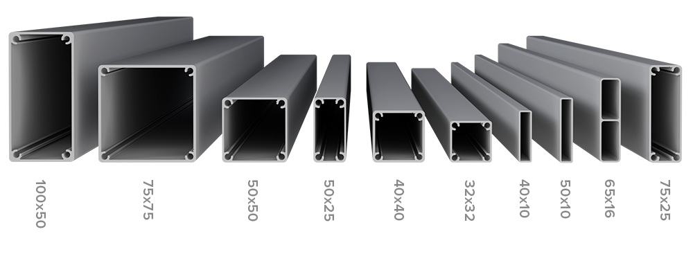  All Face Extrusion options: 100x50, 75x75, 50x50, 50x25, 40x40, 32x32, 40x10, 50x10, 65x15, 75x25