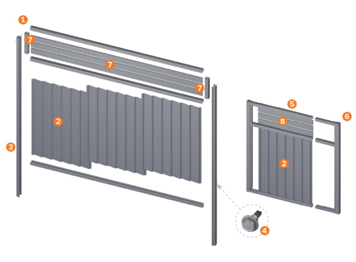 COLORBOND Breezeway components separated and labelled 1 to 8