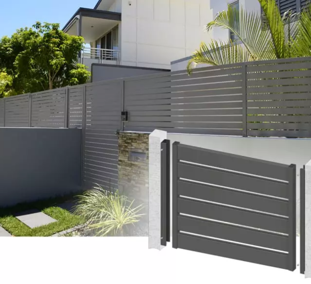 Welded Aluminium Slat components with an installation example of a fence and gate.