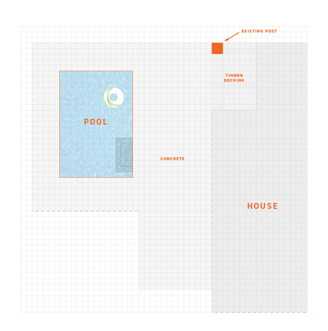 Floorplan grid of house and outdoor pool area. Existing posts and rooms are labelled.