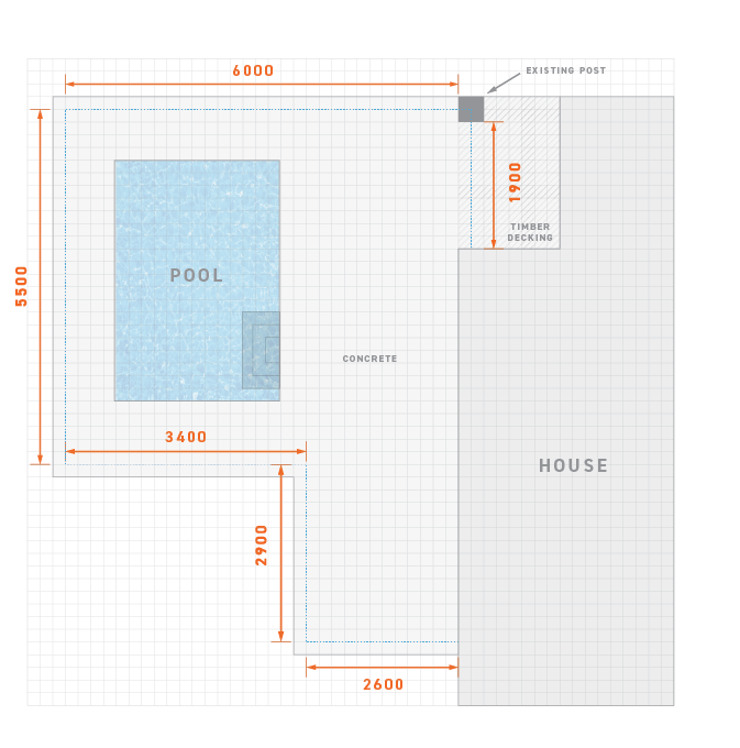 Floorplan grid of house and outdoor pool area. Fence dimensions are drawn around the perimeter of the pool.