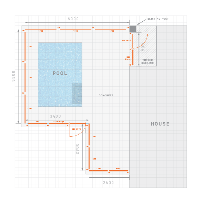 Floorplan grid of house and outdoor pool area. Fence outline is broken down into panels with dimensions listed.