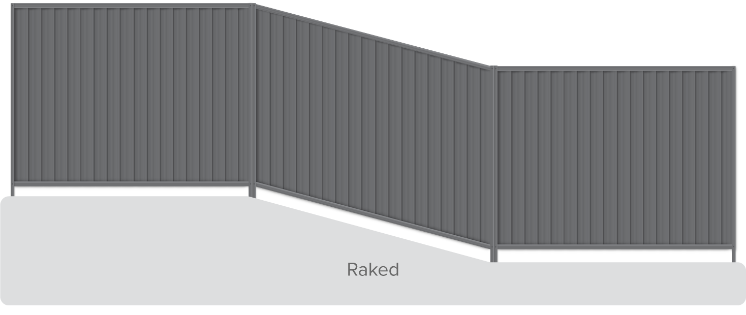A fence is installed on a slope and the middle fence panel is angled to match the incline.