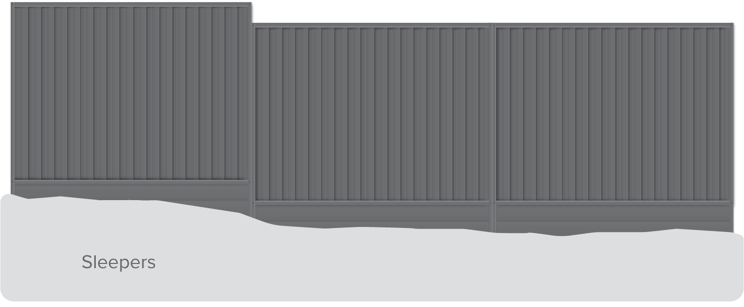 Sleeper fence install where the panels step down, and Aluminium sleepers are inserted underneath.