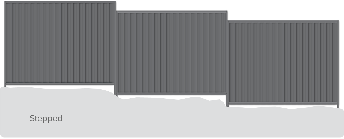 Stepped fence where each panel is installed lower on the slope.