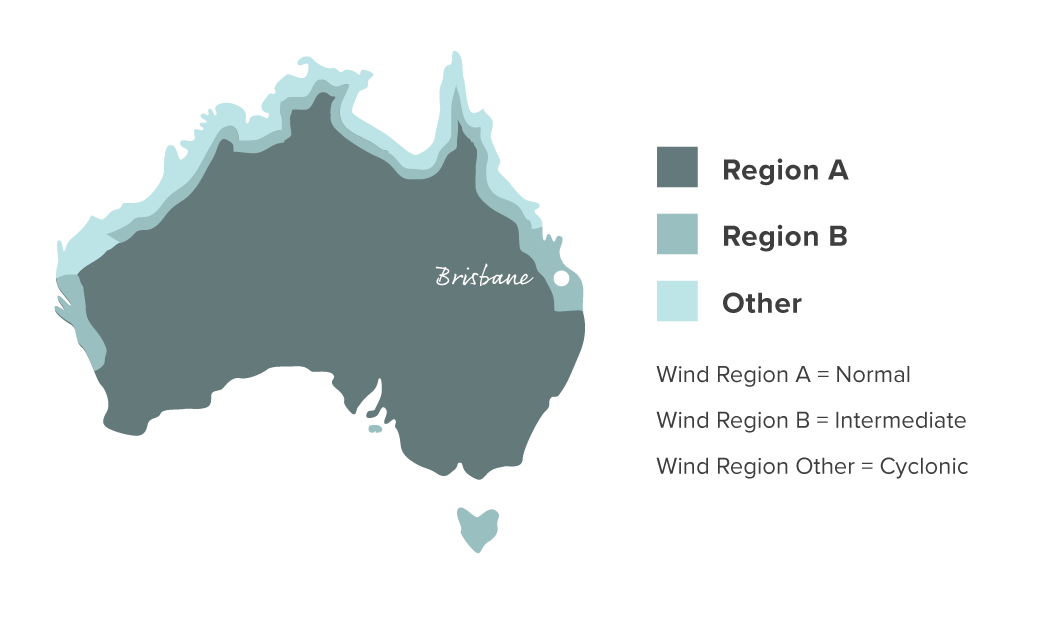 Map of Australia with Brisbane pinned. A heatmap outlines the Northern coastal areas showing Wind Warning Regions.