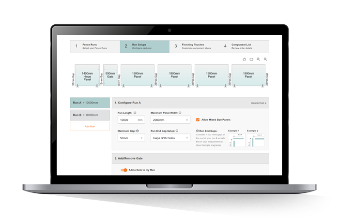 Screenshot of the Oxworks Frameless Glass Fence Calculator, showing options to design your run sizes and gate fixtures.