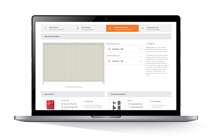 Screenshot of the Oxworks Colorbond Steel Fence Calculator, showing options to pick colours, concrete and gate fixtures.