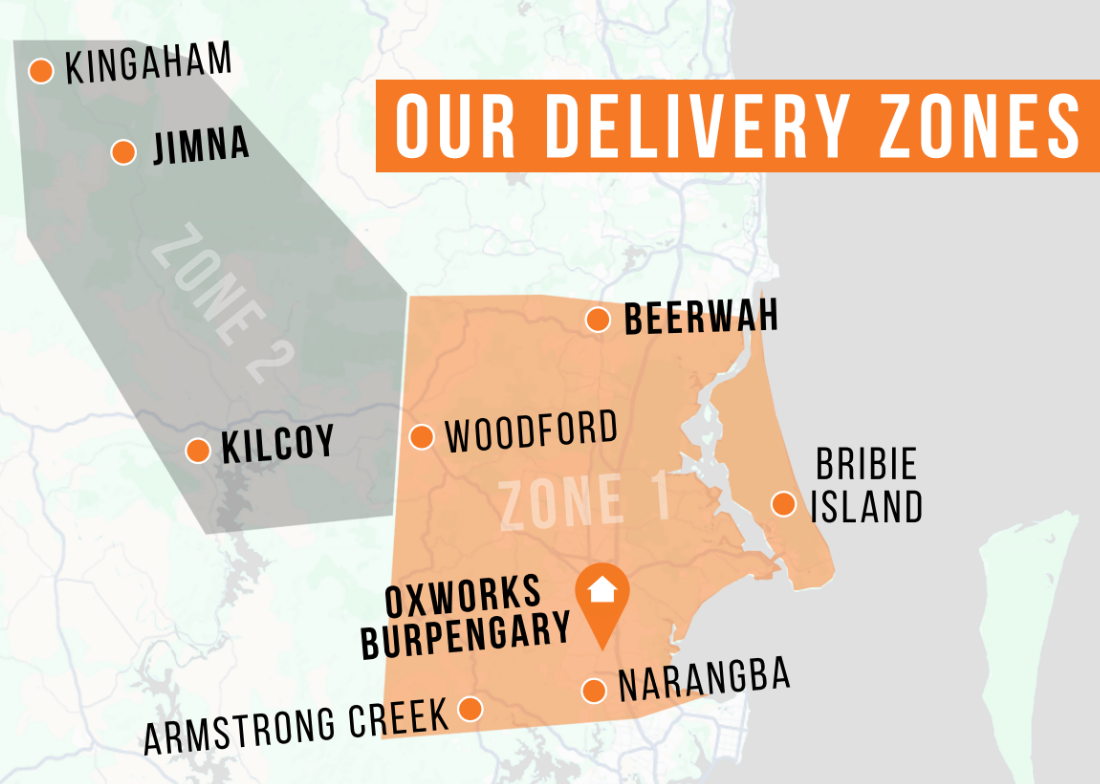 Map of Oxworks Burpengary delivery zones.