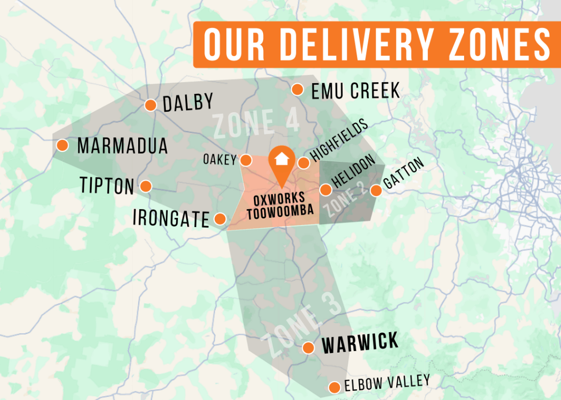 Map of Oxworks Toowoomba delivery zones.