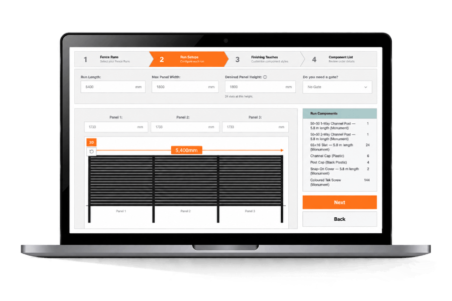 Screenshot of the Oxworks DIY Aluminium Slat Fence Calculator, showing options to design your run sizes and gate fixtures.