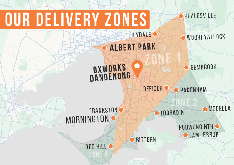 Map of Oxworks Dandenong delivery zones