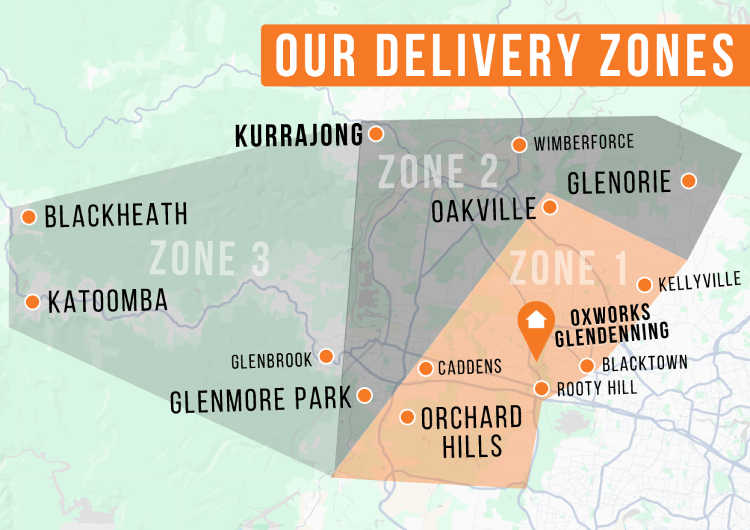Map of Oxworks Glendenning delivery zones