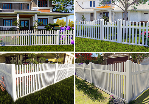 A collection of Hampton style PVC Fences, each surrounding a different house