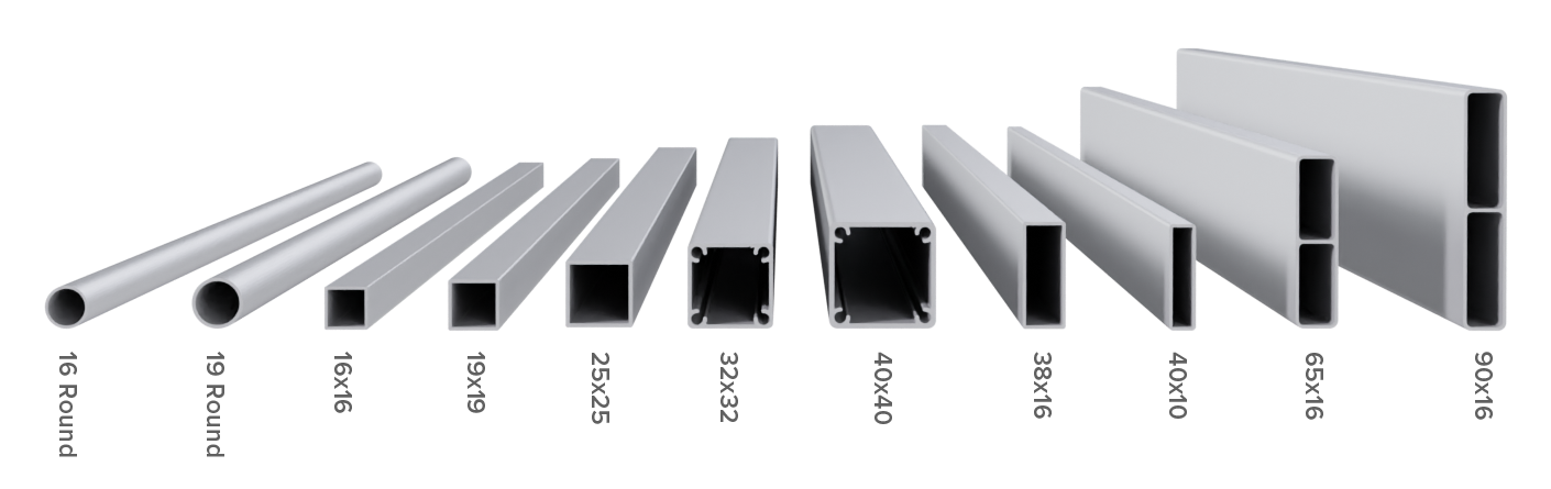 Aluminium Balustrade Extrusions - 16 Round, 19 Round, 16x16, 19x19, 25x25, 32x32, 40x40, 38x16, 40x10, 65x16, 90x16
