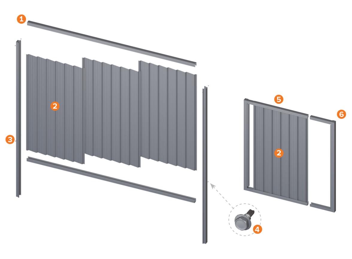 COLORBOND Standard components separated and labelled 1 to 6
