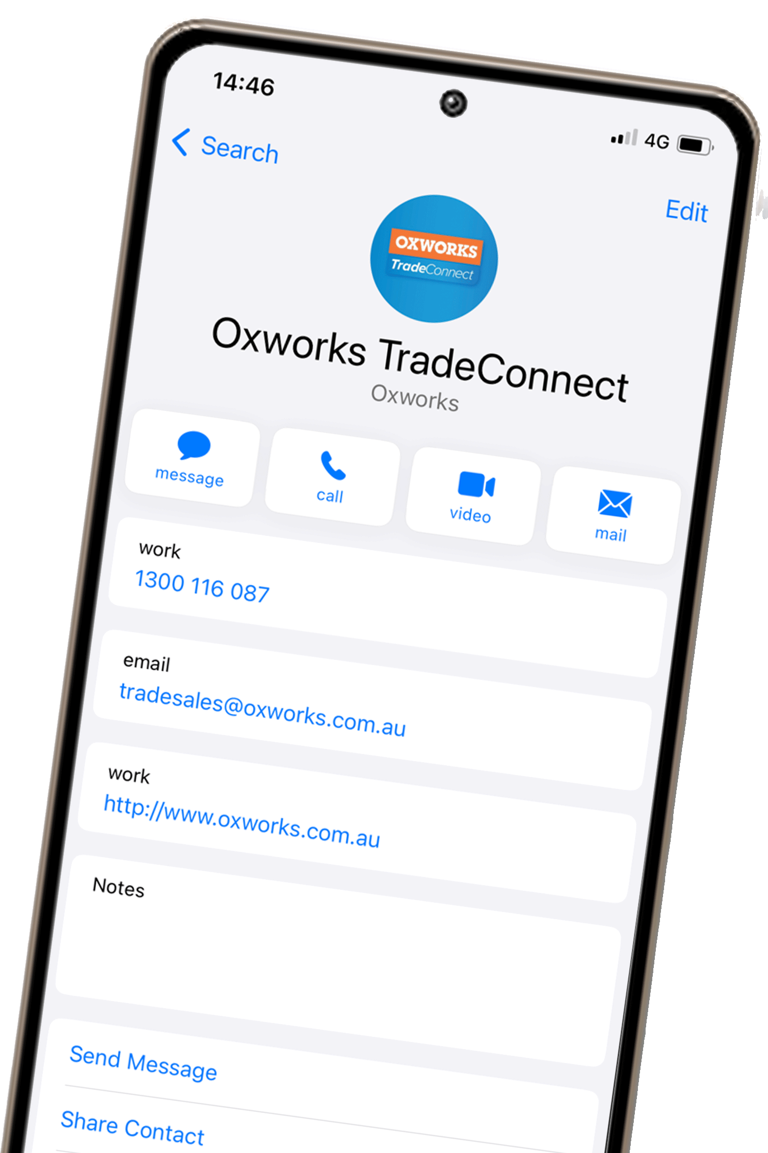 Mobile phone with Oxworks TradeConnect as a saved contact