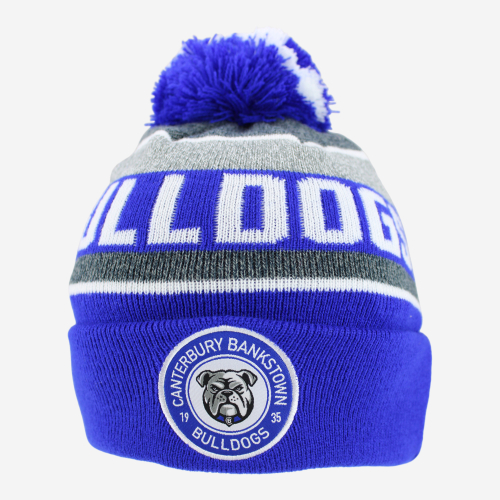 Front-facing Blue and White Beanie featuring the 2026 Canterbury Bulldogs Logo, Team Name and multi-coloured pom-pom.