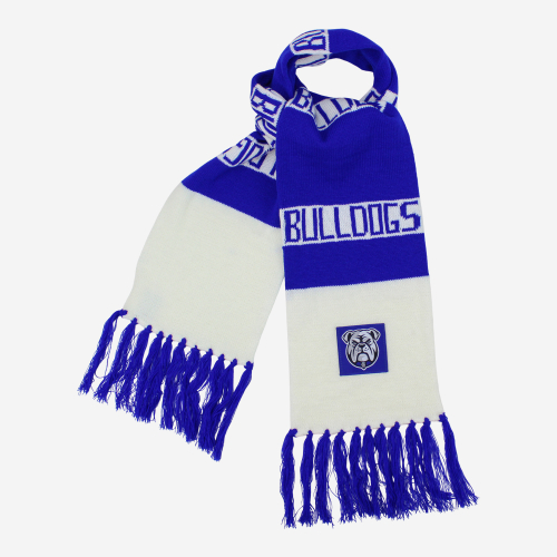 Two Tone Blue and White Scarf tied in a knot and featuring the 2026 Canterbury Bulldogs Team Logo
