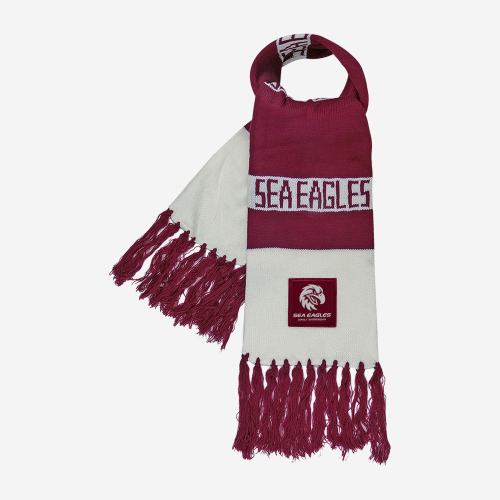 Two Tone Maroon and White Scarf tied in a knot and featuring the 2026 Manly Sea Eagles Team Logo