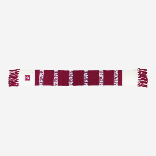 Two Tone Maroon and White Scarf laid flat and featuring the 2026 Manly Sea Eagles Team Logo