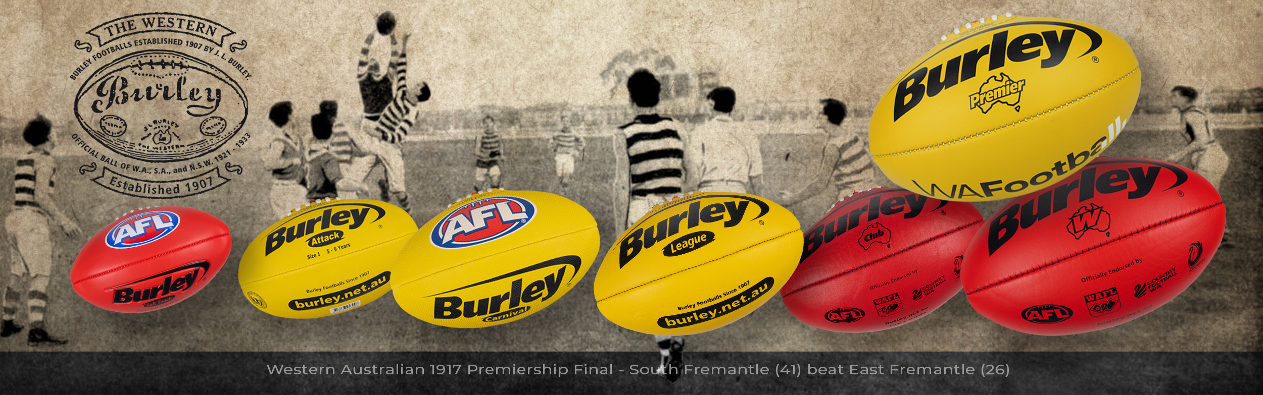 Burley Footballs Category Banner showcasing a lineup of footballs used in different WAFL Leagues - Desktop Banner