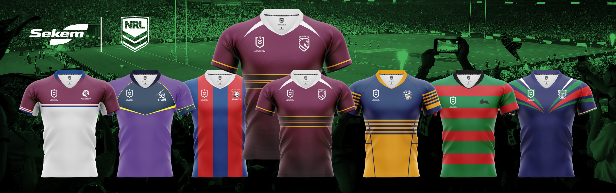 Shop 2026 NRL Jerseys by Sekem - official team jerseys featured against a rugby stadium backdrop.