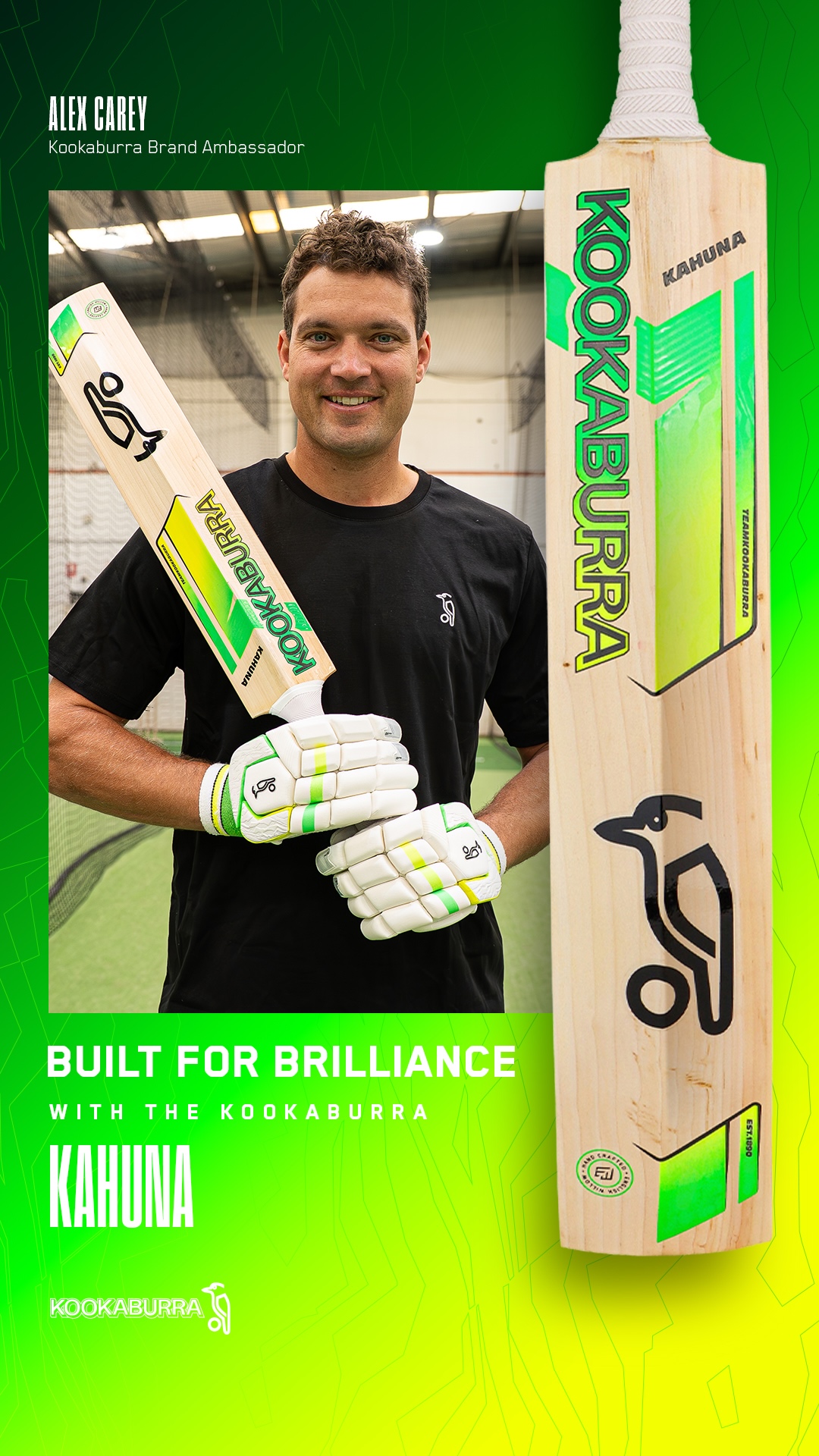 Kookaburra Brand Ambassador - Alex Carey holding his bespoke 2026 Kahuna Pro Players Cricket Bat