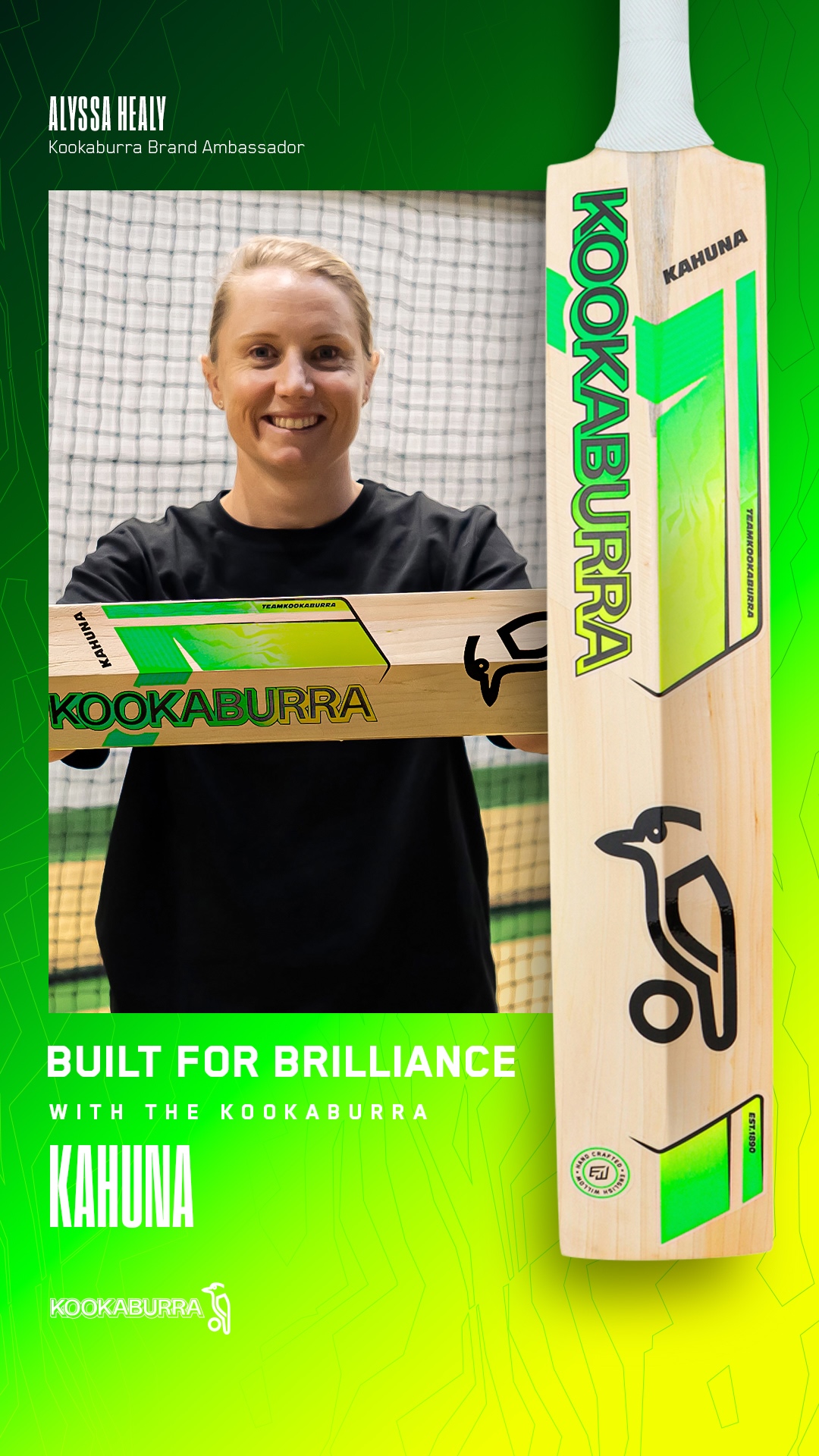 Kookaburra Brand Ambassador - Alyssa Healy holding her bespoke 2026 Kahuna Pro Players Cricket Bat