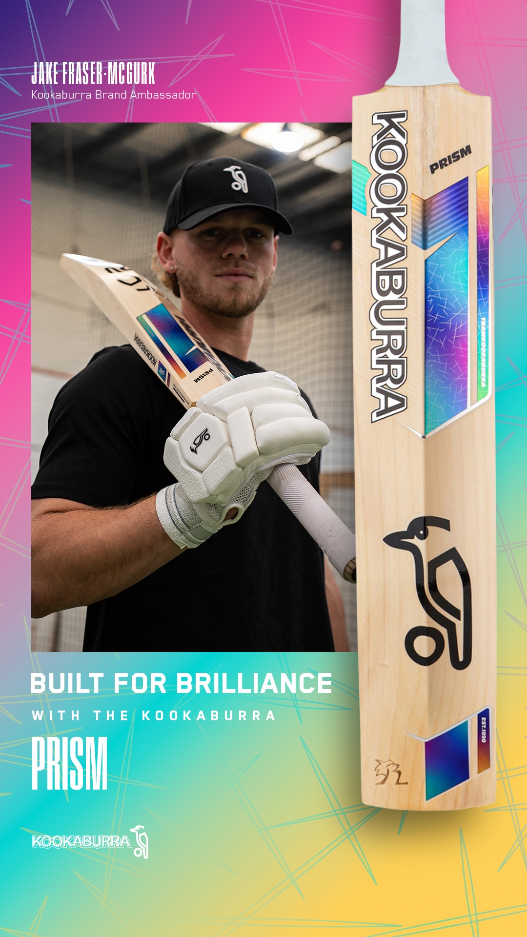 Kookaburra Brand Ambassador - Jake Fraser-McGurk holding his bespoke 2026 Prism Pro Players Cricket Bat
