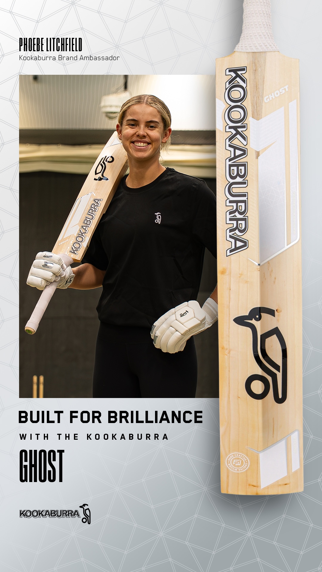 Kookaburra Brand Ambassador - Phoebe Litchfield holding her bespoke 2026 Ghost Pro Players Cricket Bat