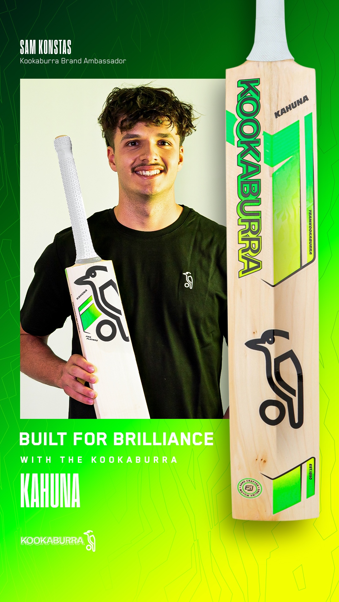 Kookaburra Brand Ambassador - Sam Konstas holding his bespoke 2026 Kahuna Pro Players Cricket Bat