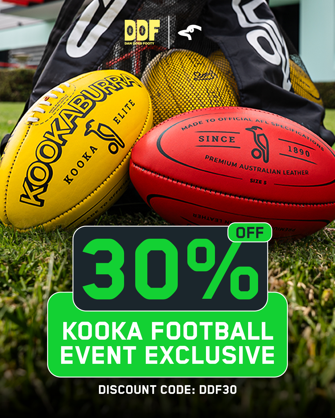 Kookaburra Sport x Dan Does Footy 2026 Promo Code Callout Banner - Mobile