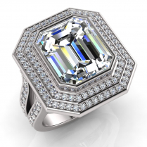 Emerald Bezel Set & Double Halo Pave Set Ring