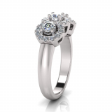 Three Stone Claw Set Scalloped Halo | Half Round Shank