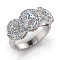 Three Stone Bezel Set Scalloped Halo | Half Round Shank