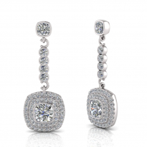 Cushion Bezel And Double Halo Scallop Set Drop Earring